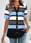 Modlily Blue Button Striped Short Sleeve Shirt Collar Blouse - M