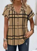 Modlily Dark Coffee Button Plaid Short Sleeve Blouse - L