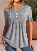 Modlily Grey Ruched Short Sleeve Split Neck T Shirt - L