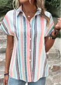 Modlily Multi Color Button Striped Short Sleeve Blouse - XXL