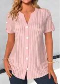 Modlily Light Pink Button Short Sleeve Split Neck Blouse - L