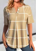 Modlily Light Camel Button Plaid Short Sleeve Split Neck Blouse - XL