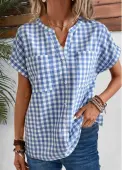 Modlily Denim Blue Split Plaid Short Sleeve Blouse - XL