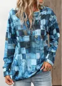 Modlily Denim Blue Zipper Geometric Print Long Sleeve Sweatshirt - L