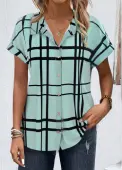 Modlily Light Green Button Plaid Short Sleeve Shirt Collar Blouse - S