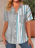 Modlily Light Grey Button Striped Short Sleeve Blouse - S