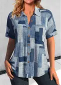 Modlily Denim Blue Button Geometric Print Short Sleeve Blouse - M