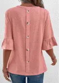 Modlily Pink Button Up Blouse Half Length Ruffled Sleeve T Shirt - S