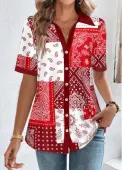 Modlily Red Patchwork Short Sleeve Shirt Collar Blouse - L