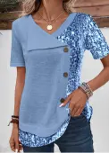 Modlily Dusty Blue Sequin Asymmetrical Neck Blouse - L