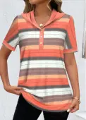 Modlily Orange Button Striped Short Sleeve Hooded T Shirt - XXL