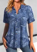 Modlily Denim Blue Pocket Short Sleeve Shirt Collar Blouse - XXL