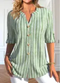 Modlily Light Green Button Striped Half Sleeve Blouse - XXL