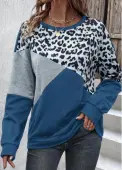 Modlily Dusty Blue Patchwork Leopard Long Sleeve Sweatshirt - S