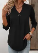 Modlily Black Plain Color Split 3/4 Sleeve T Shirt - L
