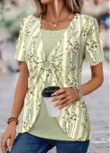 Modlily Light Green Patchwork Floral Print T Shirt - XL