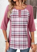 Modlily Pink Patchwork Button Plaid T Shirt - XXL