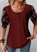 Modlily Wine Red Patchwork Leopard Half Sleeve Blouse - L