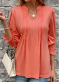 Modlily Coral Smocked Long Sleeve Split Neck T Shirt - XL