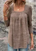 Modlily Light Coffee Pleated Long Sleeve Square Neck T Shirt - XL