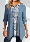 Modlily Dusty Blue Patchwork Geometric Print Long Sleeve Blouse - XXL