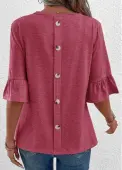 Modlily Coral Button Half Sleeve Round Neck T Shirt - XL