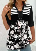 Modlily Black Patchwork Floral Print Half Sleeve T Shirt - M