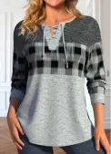 Modlily Light Grey Marl Lace Up Plaid T Shirt - XXL