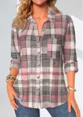 Modlily Coral Button Plaid 3/4 Sleeve Shirt Collar Blouse - S