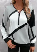 Modlily Light Grey Zipper Geometric Print Long Sleeve Sweatshirt - L