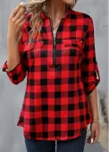 Modlily Red Zipper Plaid Long Sleeve High Neck Blouse - XXL