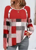 Modlily Red Button Geometric Print Long Sleeve T Shirt - M