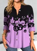 Modlily Halloween Purple Button Long Sleeve Shirt Collar Blouse - L