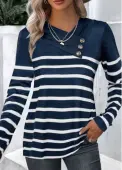 Modlily Navy Button Striped Long Sleeve T Shirt - M