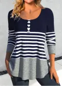 Modlily Navy Patchwork Striped Long Sleeve T Shirt - XL