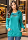 Modlily Cyan Lace Up Long Sleeve Hoodie - L