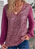 Modlily Dark Reddish Purple Sequin Long Sleeve V Neck Blouse - M