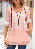 Modlily Dusty Pink Pocket Striped Half Sleeve Hoodie - XXL