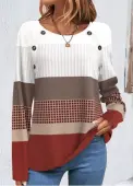 Modlily Wine Red Patchwork Geometric Print Long Sleeve Sweatshirt - M