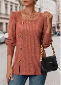 Modlily Brick Red Button Long Sleeve Square Neck T Shirt - XL