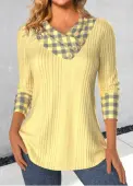 Modlily Light Yellow Patchwork Plaid Long Sleeve T Shirt - XXL
