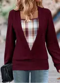 Modlily Wine Red Fake 2in1 Plaid Long Sleeve Sweatshirt - M