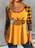 Modlily Orange Patchwork Halloween Print Long Sleeve T Shirt - L