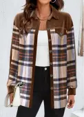 Modlily Light Coffee Patchwork Plaid Long Sleeve Coat - M