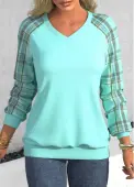 Modlily Cyan Patchwork Plaid Long Sleeve V Neck Sweatshirt - XL