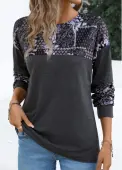 Modlily Dark Grey Patchwork Tribal Print Long Sleeve T Shirt - M