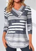Modlily Dark Grey Marl Button Striped Long Sleeve T Shirt - XL