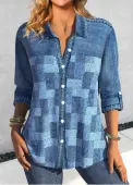 Modlily Denim Blue Patchwork Denim-effect Print Long Sleeve Blouse - L