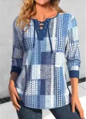 Modlily Denim Blue Lace Up Geometric Print T Shirt - L
