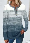 Modlily Dusty Blue Button Long Sleeve Round Neck T Shirt - XL